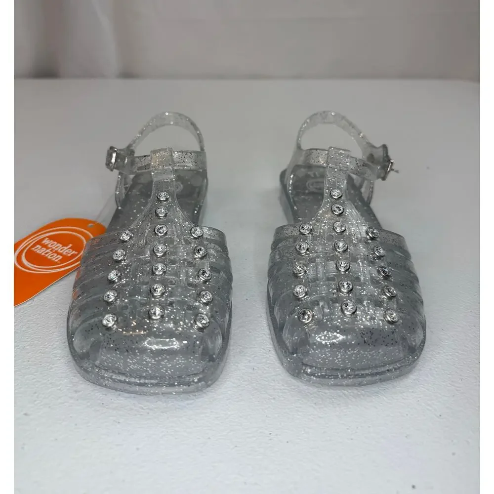 Wonder Nation; Girls Crystal Jelly Sandal, Flat Clear Size 13